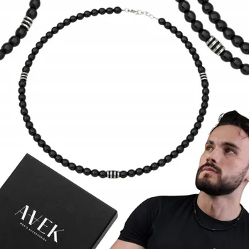 Náhrdelník PÁNSKÝ NÁHRDELNÍK Z KORÁLKŮ Z PŘÍRODNÍHO KAMENE ACHÁT ČERNÝ STŘÍBRNÝ 50 CM