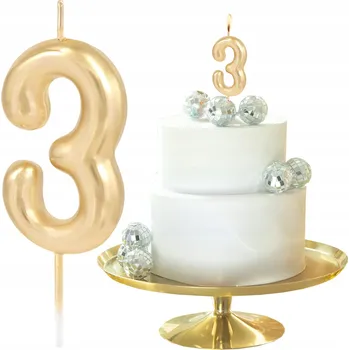 Dortová svíčka SVÍČKA ZLATÁ ČÍSLICE 3 TŘI SVÍČKY SE ZLATÝM LESKEM DEKORATIVNÍ NA DORT
