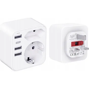 Elektrická zásuvka CESTOVNÍ ADAPTÉR EU do UK, ZÁSUVKA S 3 USB PORTY + 1 USB-C PORTEM 6 v 1