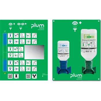 Lékárnička Nástěnný držák se 2 láhvemi na výplach očí, 200ml pH neutrální roztok a 500ml roztok kuchyňské soli