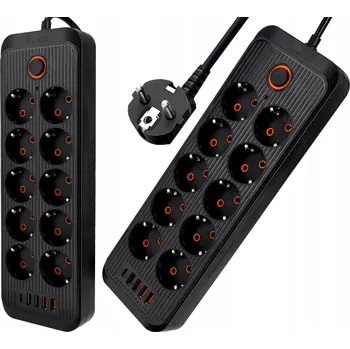 Napájecí kabel Prodlužovací Kabel Smartled 3 m 10 zásuvek + 5 USB černý s uzemněním