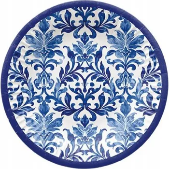 Talíř PAPÍROVÉ TALÍŘKY BÍLÉ MOZAIKA MODRÁ 23 CM 8 KS DOVOLENÁ GRILOVÁNÍ