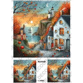 Umělecký papír Rýžový a soft papír na decoupage - Podzimní domečky - KB04062 Materiál: Rýžový papír, Rozměr: A4