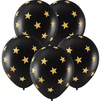 Balónek Černé balonky s potiskem zlaté hvězdy - 30 cm, 5 ks