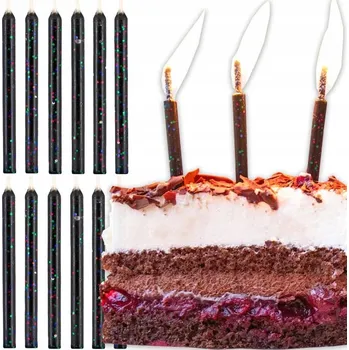 Dortová svíčka ČERNÉ NEHASNOUCÍ SVÍČKY S SE TŘPYTKAMI 12 Ks DEKORATIVNÍ NA DORT K NAROZENINÁM
