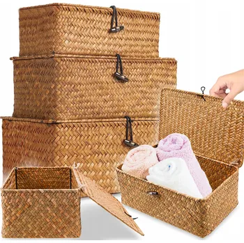 Úložný box Pletené košíky z mořské trávy s víkem, béžovo-oranžové, 3 ks