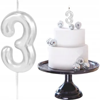 Dortová svíčka STŘÍBRNÁ ČÍSLICE ČÍSLO 3 TŘI LESKLÉ SVÍČKY DEKORATIVNÍ NA DORT