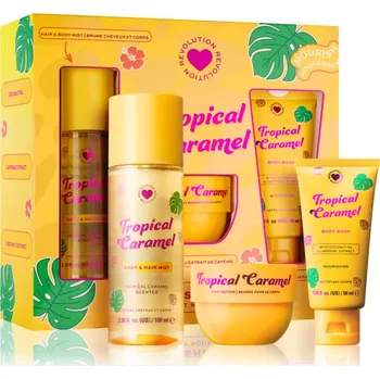 Kosmetická sada I Heart Revolution Tropical I Heart Revolution Tropical Caramel Hair and Body Mist parfémovaný sprej na tělo a vlasy 100 ml + I Heart Revolution Tropical Caramel Body Wash parfémovaný sprchový krém 50 ml + I Heart Revolution Tropical Caramel Body Butter h