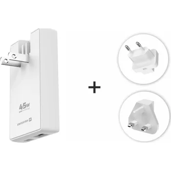 Cestovní adaptér Swissten cestovní adaptér GaN USB-C + USB-A 45w výměnné vidlice (US, EU, UK) bílý