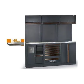 Dílenský regál Profi ponk do garáže, dílny 2m s košem s vrchními skříňkami a děrovaný