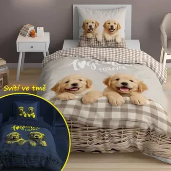 Povlečení Svítící povlečení PEJSCI V KOŠÍKU – oboustranné, 100% bavlna 140×200 / 70×80 cm (NOVINKA 2025)