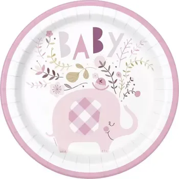 Party dekorace Papírové talíře Sloník s květinami růžový