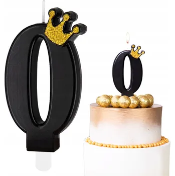 Dortová svíčka ČERNÁ SVÍČKA SE ZLATÁ KORUNA ČÍSLICE 0 NULA DEKORATIVNÍ SVÍČKY NA DORT