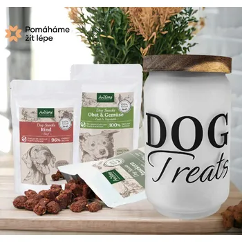 Dóza na potraviny Pomáháme žít lépe Skleněná dóza/nádoba s víčkem na psí pamlsky/granulky - DOG TREATS 750 ml