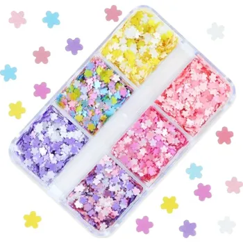 Flitry ve tvaru kytiček 3–4 g Mix barev Krabička s 6 přihrádkami Dekorační ozdoby pro scrapbooking Nail Art Ruční tvoření DIY