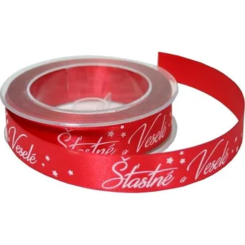 Vánoční dekorace GOBA Stuha - látková, 25 m/2,5 cm, Šťastné a veselé, červená
