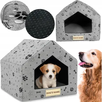 Pelíšek pro psa PELÍŠEK PRO PSA BOUDA DOMEČEK PODLOŽKA ŠEDÉ KOSTI PERSONALIZOVANÉ 50X40X38 CM