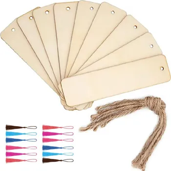 10 ks Dřevěné záložky 12 x 3,2 cm Sada se střapci a provázky Záložky na zdobení a výrobu DIY Kreativní ruční práce a tvoření