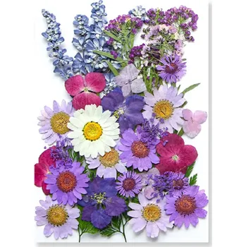 Obraz Lisované fialové růžové a bílé květiny v pryskyřici Obdélníkový tvar Dekorace do bytu Ruční výroba Dárek Přírodní sušené květiny