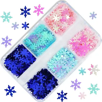Flitry sněhové vločky 3-4g Různé barvy Krabička se 6 přihrádkami Dekorace na nehty Vánoční ozdoby Scrapbooking Ruční tvoření