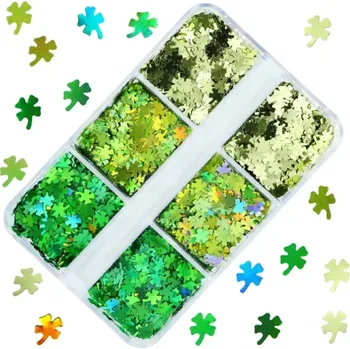 Flitry ve tvaru čtyřlístků 3-4g Zelené odstíny Dekorační konfety Šesti přihrádky v krabičce Ruční tvoření Scrapbooking Nail Art