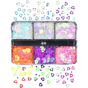 Flitry ve tvaru srdcí 3-4 g Různé barvy Krabička se 6 přihrádkami Dekorace na nehty Nail art Scrapbooking DIY tvoření