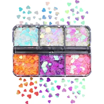 Flitry ve tvaru srdcí 3-4 g Různé barvy Krabička se 6 přihrádkami Dekorace na nehty, karty, DIY tvoření, scrapbooking, ozdoby