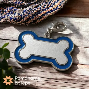 psí známka Pomáháme žít lépe Psí známka - modrá kost Pozadí: vlastní foto, Text: jméno