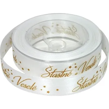 Vánoční dekorace GOBA Stuha - látková, 25 m/2,5 cm, Šťastné a veselé, bílá