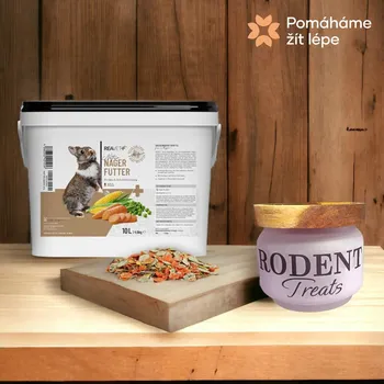 Dóza na potraviny Pomáháme žít lépe Skleněná dóza/nádoba s víčkem na pamlsky/granulky pro hlodavce - RODENT TREATS 250 ml