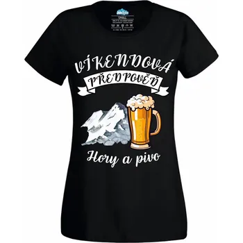 Dámské tričko Víkendová předpověď: Hory a Pivo (Velikost: 4XL, Barva: Černá)