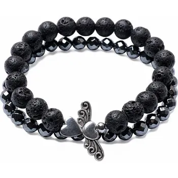 Náramek Nefertitis Sada dvou náramků z lávy a hematitu s andělem obvod cca 16 až 21 cm