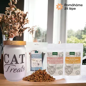 Dóza na potraviny Pomáháme žít lépe Skleněná dóza/nádoba s víčkem na kočičí pamlsky/granulky - CAT TREATS 750 ml