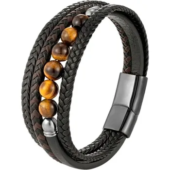 Náramek Daniel Dawson Pánský náramek Berto - 8 mm tygří oko, ocel, kůže NR2262-L20290/23 Černá 23 cm