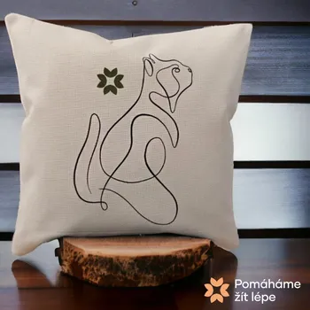 Dekorativní polštářek Pomáháme žít lépe Lněný polštář s naší autorskou kresbou (KOČKA)
