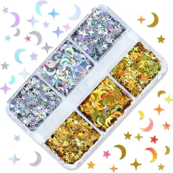 Flitry ve tvaru hvězd a měsíce Zlaté a stříbrné 3-4 g Dekorační třpytky Krabička se 6 přihrádkami Ruční tvoření Nail Art DIY