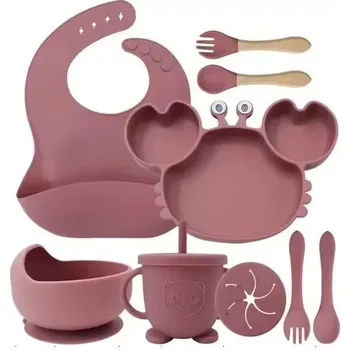 Sada nádobí Jídelní silikonová sada 9-dílná pro děti KRAB tmavě růžová (KX4526_3)