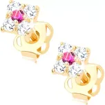 Zlaté náušnice 14K se čtvercovým designem a růžovým zirkonem