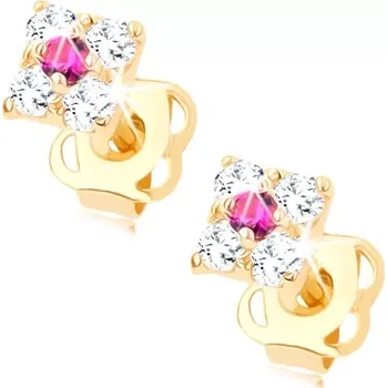 Náušnice Zlaté náušnice 14K se čtvercovým designem a růžovým zirkonem