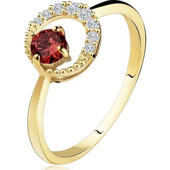 Prsten Zlatý prsten 585 - zirkonový srpek měsíce, kulatý červený granát - Velikost: 52