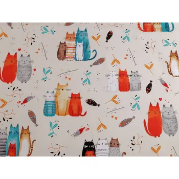 Bavlněná látka / plátno kočky, barva 6 998t krémová světlá tyrkys