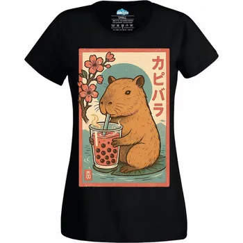 Dámské tričko Dámské tričko Japonská Kapybara s Bubble Tea (Velikost: L, Barva: Černá)