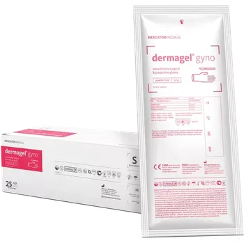 Vyšetřovací rukavice DERMAGEL GYNO latexové rukavice, bez pudru, sterilní, prodloužené (Sterilní latexové rukavice DERMAGEL GYNO bez pudru, prodloužené, dostupné ve velikostech S, M a L.)