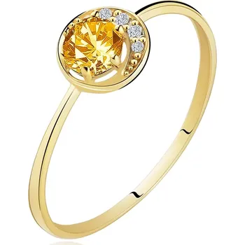 Prsten Prsten ze žlutého 14K zlata - úzký srpek měsíce, žlutý citrín, zirkonky čiré barvy - Velikost: 55