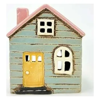 Svícen Keramický domek na čajovou svíčku, modro-zelený 13x11x8,5 cm