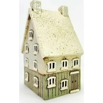 Svícen Keramický domek na čajovou svíčku, bílo-zelený 20x12x10,5 cm