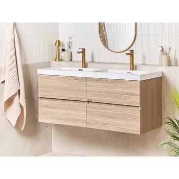 Koupelnový nábytek Nástěnná koupelnová skříňka s dvojitým umyvadlem světle hnědá MDF 120 x 46 cm se 4 zásuvkami úložný prostor moderní styl koupelna Beliani