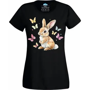 Dámské tričko Dámské tričko Jarní Králíček s Motýly (Velikost: 3XL, Barva: Černá)