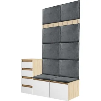 Kuchyňská linka Čalouněná sada předsíňového nábytku s věšáky, skříňkami a komodou Megan - Agat dab sonoma bialy, szary 132x212 cm