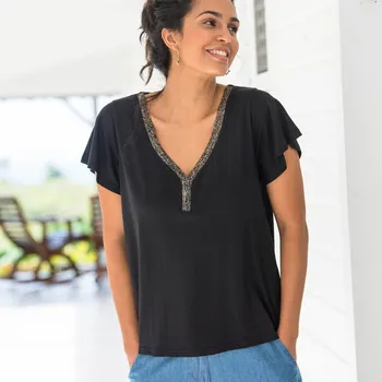 Dámské tričko Blancheporte Tričko s výstřihem do V a třpytivou lemovkou černá 54